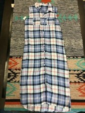 Stateside "Plaid Linen Shirt Dress" Button Front, Mid Length Collar Blue NWT XS