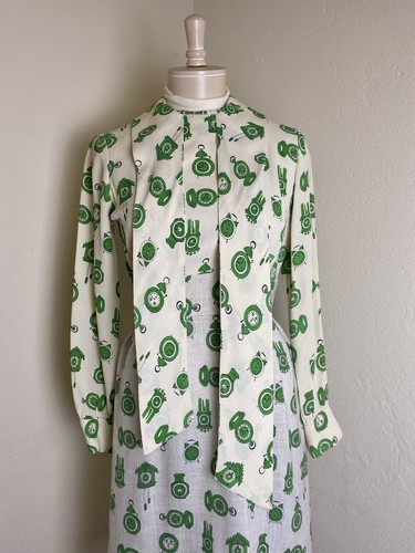 RARE 1960s 60s Vintage Novelty Clocks Print 1960s 60s Shift Dress Linen Silk M - Picture 9 of 11