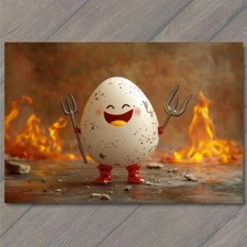 POSTCARD Deviled Egg Devil Horns Trident Fiery Background Fun Pun Cute Hell