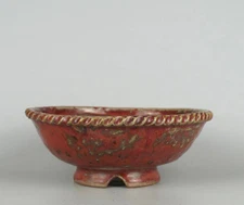 Japanese Bonsai pot ECHIZEN BUNZAN signed Red glaze Roped edge Round w8" *1730 8