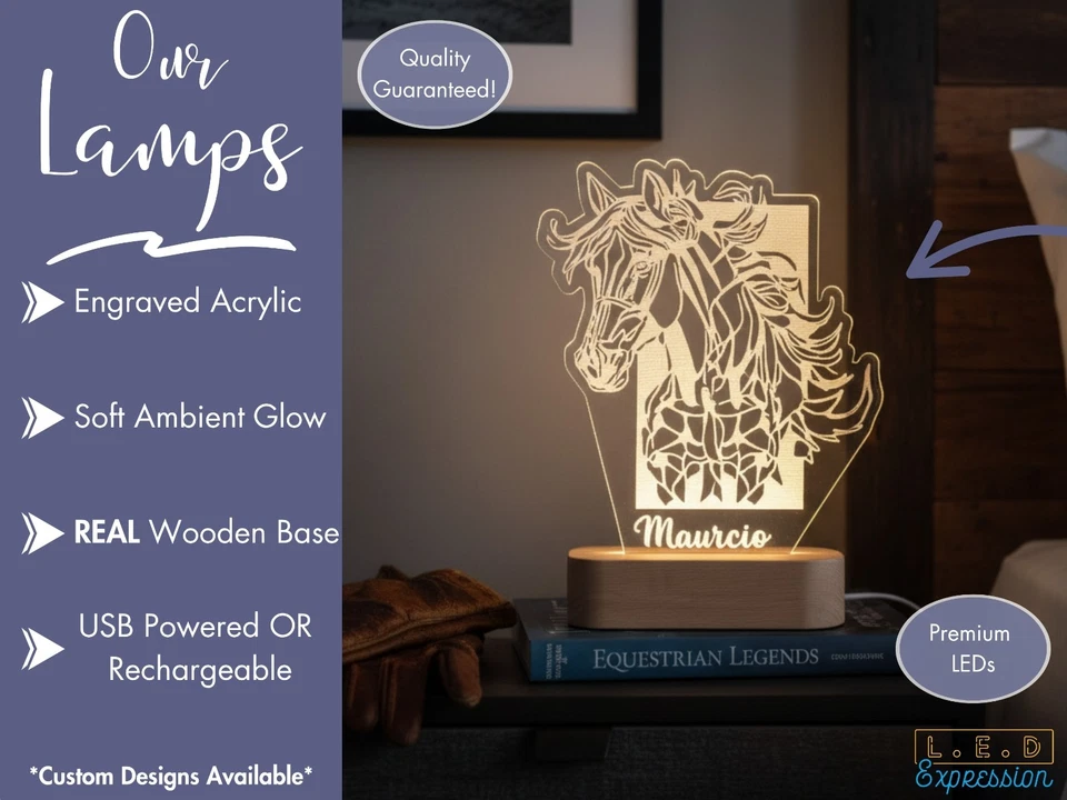 Luz LED Geométrica con Nombre Personalizada para Caballo, Lámpara LED Personalizada para Dormitorio Infantil Foto 2 de 4