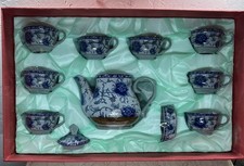 Vintage Tea Pot Set Chinese Blue White Hand Painted Porcelain 6 Tea Cups