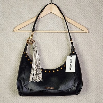 Steve Madden Purse Black Studded Shoulder Bag With Snake Skin Tassel NWT