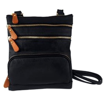 SILVERFEVER Genuine Leather Pocket Organizer Crossbody Travel Handbag Black 2T