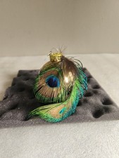 Christmas Ornament Glass Round 2 Beautiful Peacock Feathers Gold   3" 3 "