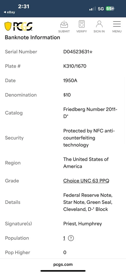 PCGS TOP POP!! Only 1 of 2 In Same Grade!!!1950A $10 Star Note⭐️ Fr.2011-D* - Image 3 of 3