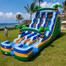 Commercial Inflatable 18ft Green Tropical Double Water Slide And Blower OPEN BOX