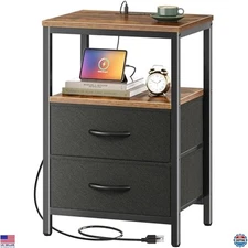 Huuger Nightstand with Charging Station, Rustic Brown, Fabric Drawers, USB Ports