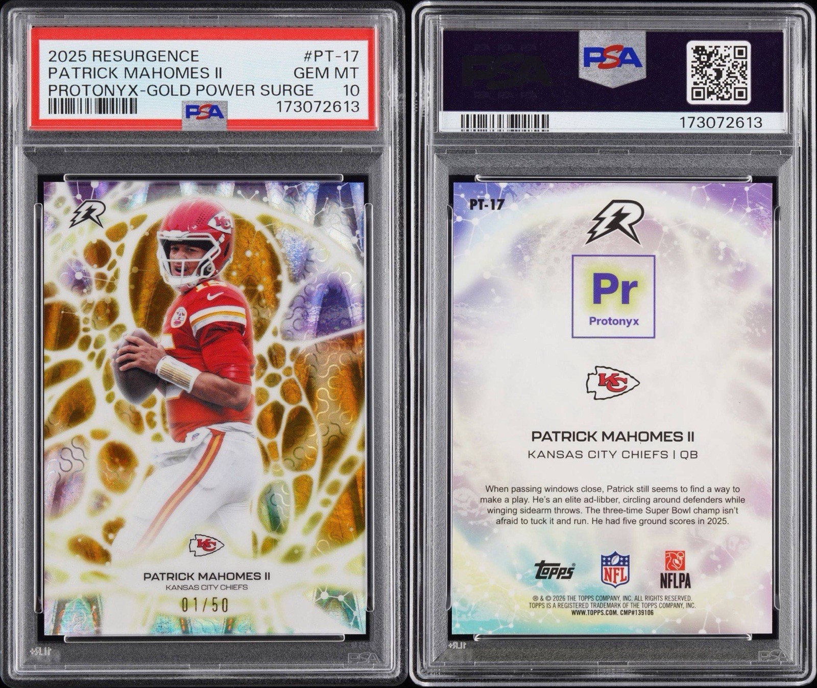 Topps 2025 Resurgence Patrick Mahomes II Protonyx Gold Power Surge /50 PSA 10 view 3
