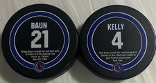 Bobby Baun #21 And Red Kelly #4 Toronto Maple Leafs HOF Puck Stanley Cup Stats