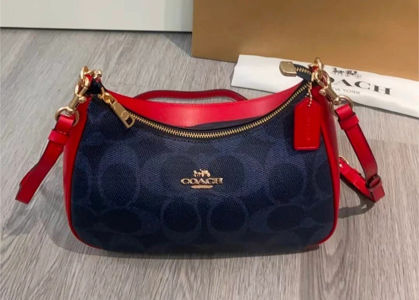 COACH Teri Hobo Bag In Signature Canvas Denim/Bold Red CAL52 NEW