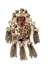 Vintage Signed HOBE STERLING SILVER 14K GOLD FILLED BROOCH HEART DANGLE TASSEL