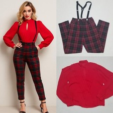 Vintage 60s Red Plaid Skinny Pants Stretchy Suspender Mockneck Pleated Top Set
