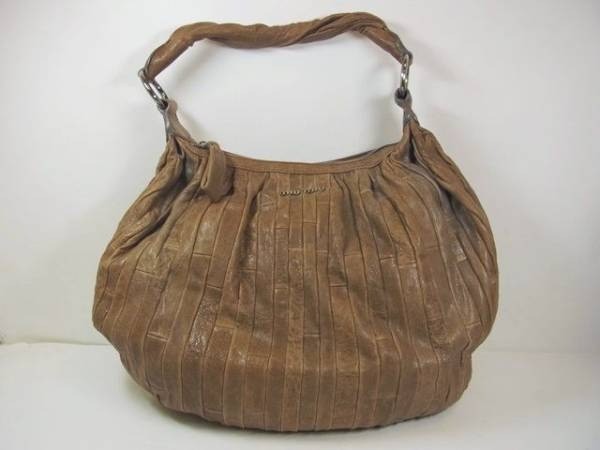 Miu Miu Leather Shoulder Bag Brown Patchwork stripe Large Hobo Bag Auth JAPAN