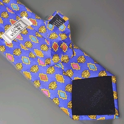 GIANNI VERSACE purple silk tie w/ Medusa & multi-colored diamond pattern