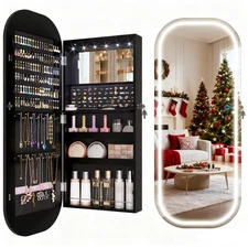 LVSOMT LED Mirror Jewelry Cabinet, Wall/Door Mount Jewelry Mirror Organizer, ...