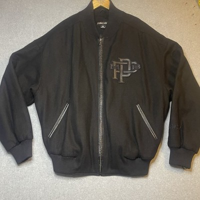 Pelle Pelle Black Bomber Jacket Embroidered Logo Leather Trim Men L Hip Hop