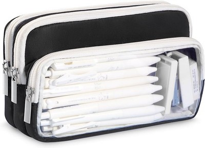 Large Color-Block Pencil Pen Case Organizer 100 Pen Capacity Clear PVC Layer