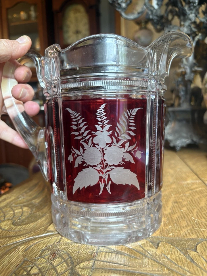 Victorian Antique EAPG Ruby stained Glass Water Pitcher Mamma's Birthday Gift US - Image 4 of 4
