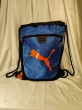 Puma 18" Carry Sack with Pocket Drawstring Gym Bag Blue & Black with Orange Puma