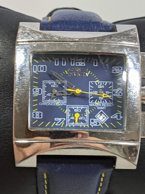 Invicta Model 9908 Chronograph Square Case 39 mm Blue Leather Band Watch 10 In.