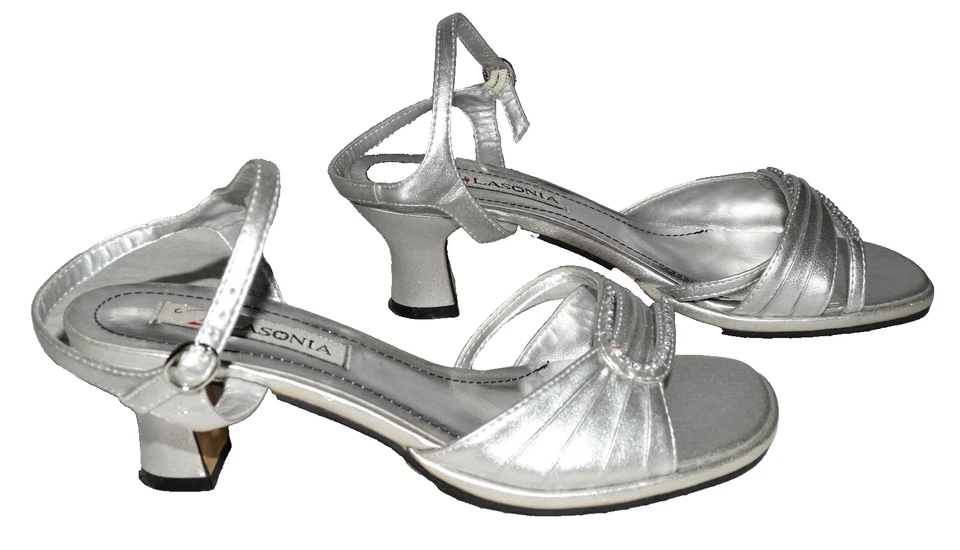 Lasonia Silver Metallic Rhinestone Ankle Strap Womens Sandal Heels Size 8.5 - Image 4 of 4