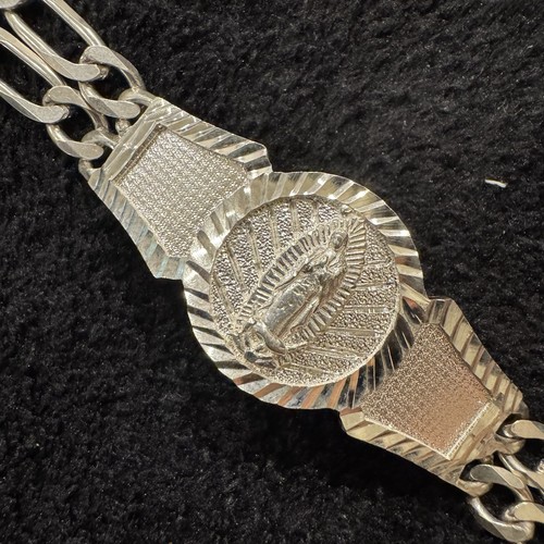 ID Virgin Mary Double Link Bracelet Figaro Sterling Silver 8.5” / 10.5MM - Picture 2 of 3