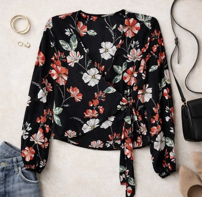 #ad #ad NWOT Express Black Flowers Long Sleeve Cropped Side Tie Women#x27;s Top Size XS $9.29