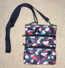 LeSportSac Navy Multicolor Polka Dot Small Crossbody Bag Adjustable Strap 3 Zip
