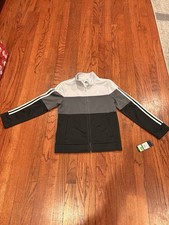adidas Boys Track Jacket M 10/12 Black Gray Full Zip Striped Sleeve