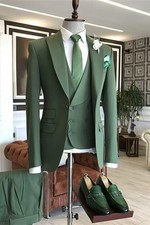 Men Green Peak lapel Blazer Slim Formal Business Party Prom Tuxedo Wedding Suit