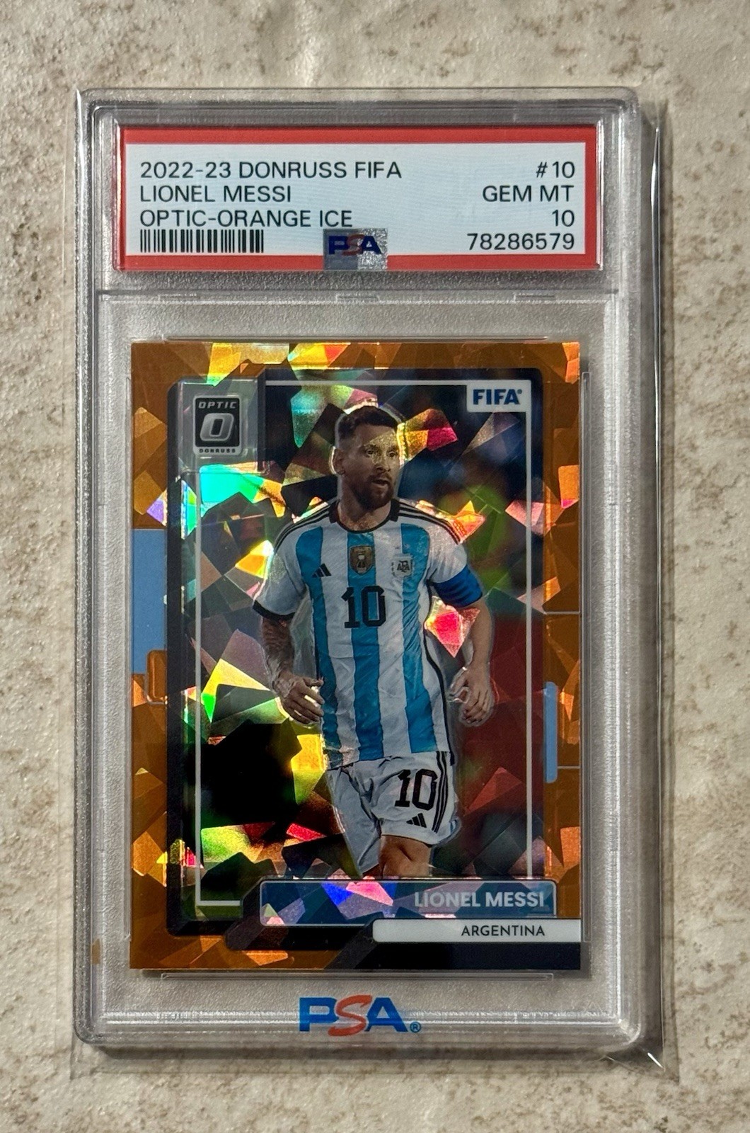 2022-23 Panini Donruss - Lionel Messi #10 Optic Orange Ice Prizm PSA 10