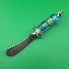 Beaded Cheese Spreader Canape Knife Acrylic/Lucite Stones Blue Green VTG