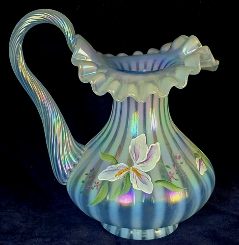 1997 Signed Anderson & Fenton Glass Ewer Vase Iridescent Opalescent Hand Blown