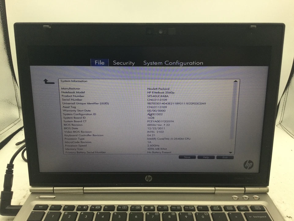 HP ELITEBOOK 2560P - BOOTS TO BIOS - INTEL I5 2540M - NO RAM-READ DESCRIPTION-BB - Image 2 of 4