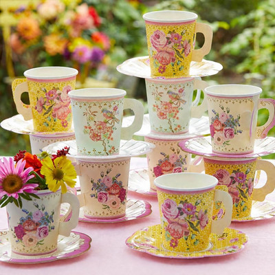 24 X Vintage Floral Paper Tea Cups & Saucer Set, Disposable Tea Cups for Easter,
