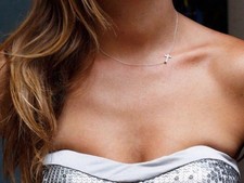 Women's Silver Plated Small Tiny Sideways Cross Choker Pendant Necklace N29