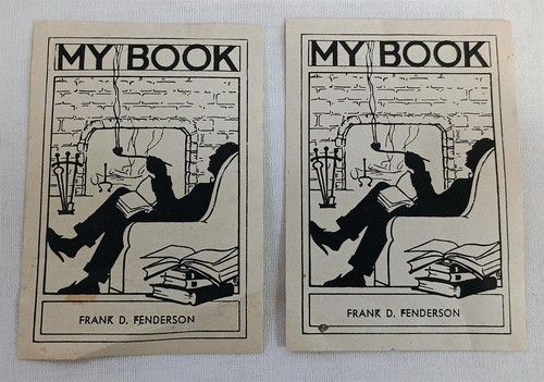 Vintage My Book Plate Label Frank D.Fenderson Man Smoking Pipe Fireplace  - Picture 1 of 2