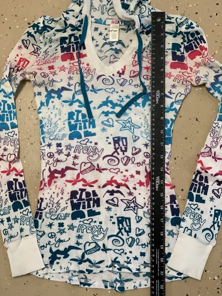 Camisa De Colección Roxy Mujeres XS Con Capucha Tejido Waffle Colorido Estilo Graffiti Azul Rosa Foto 3 de 4