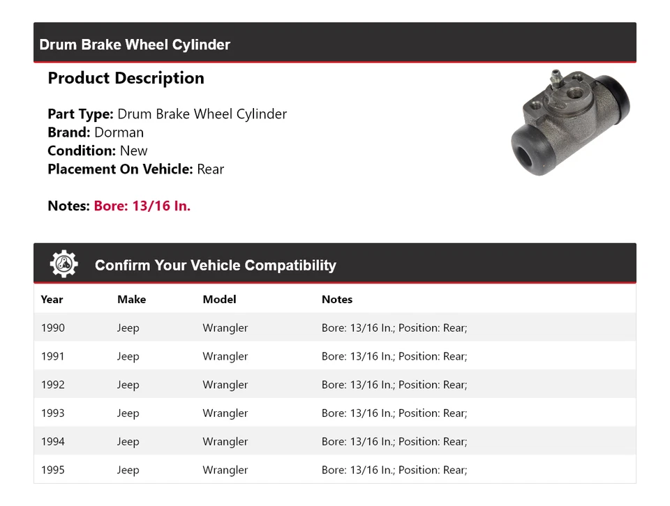 Cilindro trasero de rueda de freno de tambor para Jeep Wrangler Dorman 1990-1995 1991 1992 1993 Foto 2 de 4