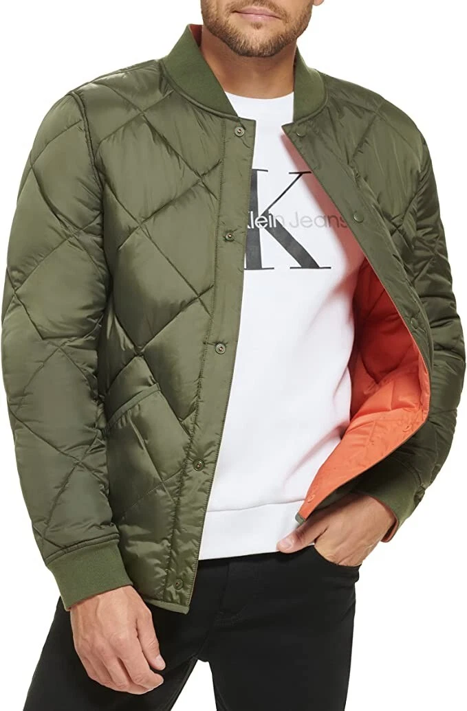 $195 CALVIN KLEIN Men's Sz M Green Orange Reversible Diamond Quilted Jacket Coat