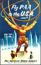 Rockefeller Center 1955 NYC Fly PAA Vintage Poster Print Retro Air Travel Decor