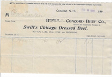 1898 Receipt, Concord Beef Co, Swift's Chicago Dressed Beef, Concord, NH