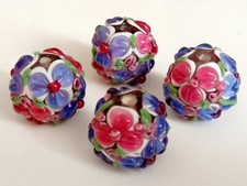 10pcs handmade Lampwork glass round Beads purple pink flower 15mm