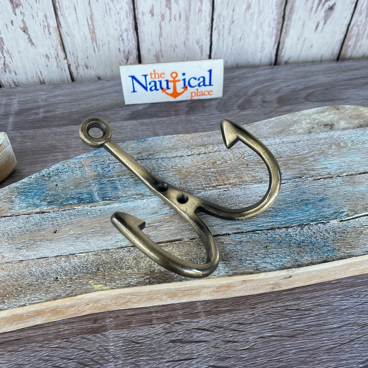 Metal Fish Hook Double Wall Hook - Antique Brass Finish - Towel Hanger,  Coat