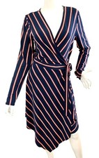 {BCBG} Dress Wrap Asymmetrical Hem Blue/Red/Beige Stripe Jersey Stretch ~L