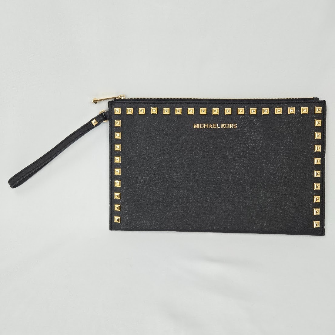 Michael Kors XL Zip Clutch Wallet Leather Gold Studded Logo Wristlet Black