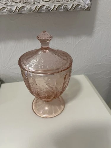 Depression Glass Poinsettia Pink Floral Covered Candy Dish