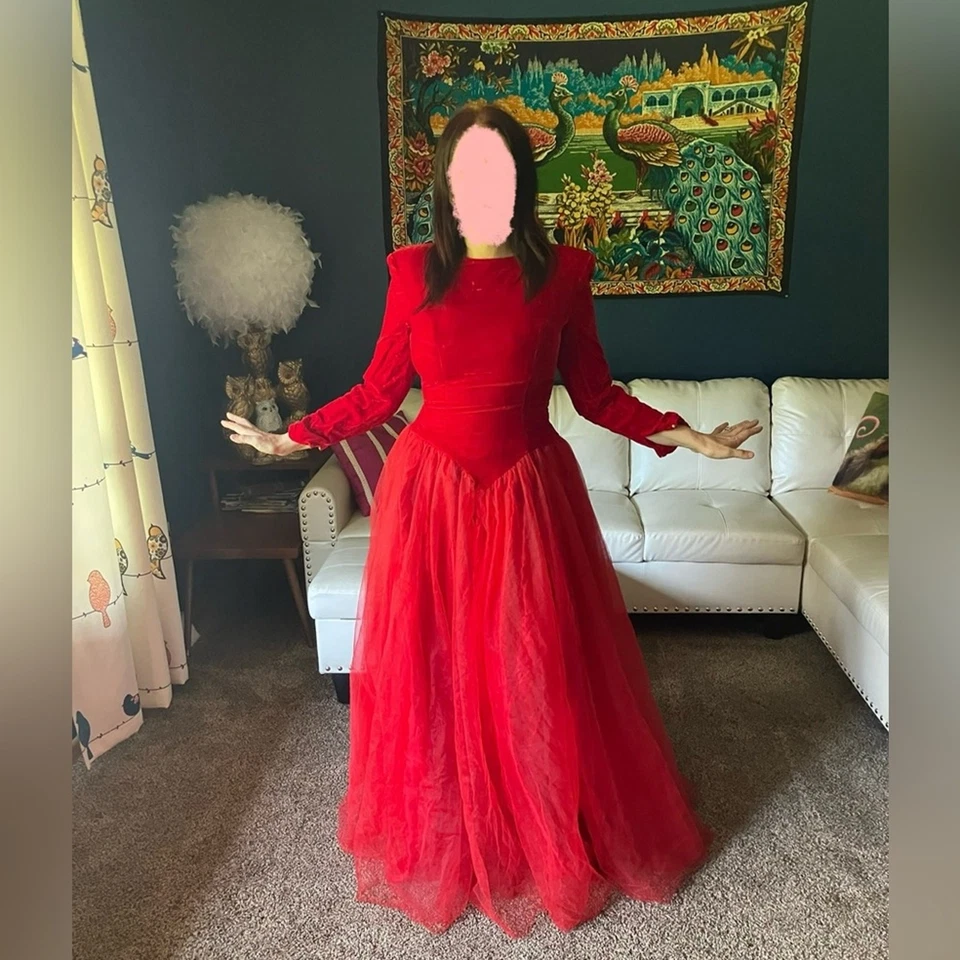 Maxi Vestido Vintage Años 80 Rojo Terciopelo y Tul Cóctel Fiesta Ajuste y Acampanado, 10 Foto 2 de 4