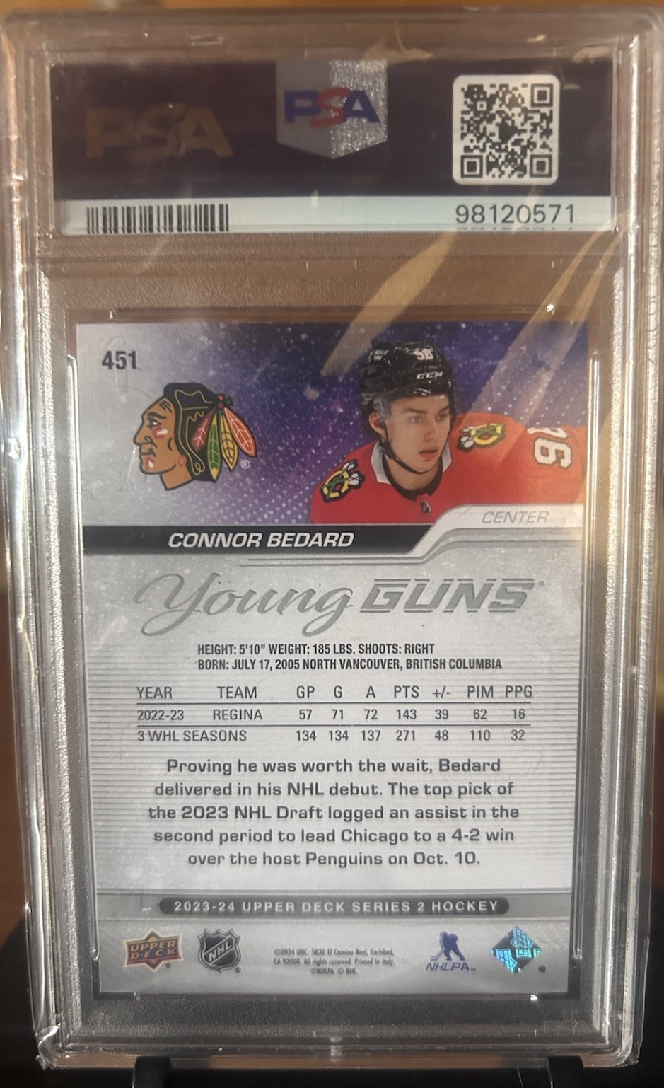 Upper Deck 2023-24 Connor Bedard Young Guns #451 PSA 9 Rookie Blackhawks view 2